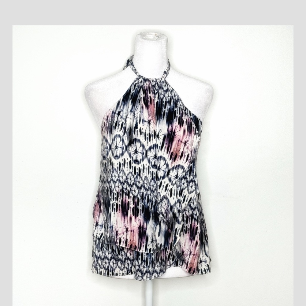 Amanda Uprichard Silk Top Halter Style Tie Neck Flyaway Styling Watercolor Print - Picture 10 of 12